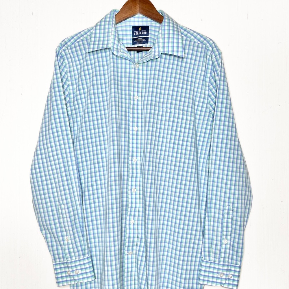 Stafford Mens Aqua Blue White Gingham Plaid Long Sleeve No Iron Buttondown Shirt - Picture 4 of 7